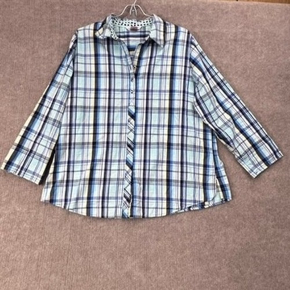 Allison‎ Daley Women's Plaid Button Down 3/4 Sleeve Top Blue Size 16